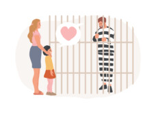 child visiting adult behind bars, accompanied by another adult