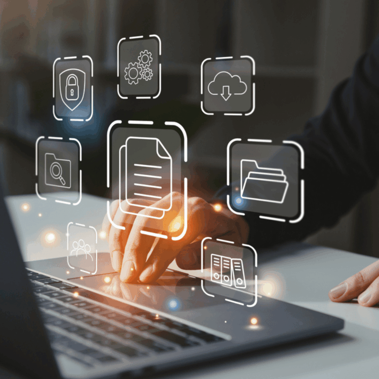 person typing on computer files data