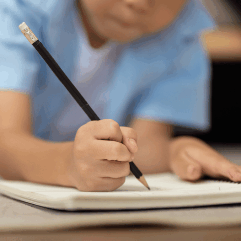 child writing with notebook and pencil